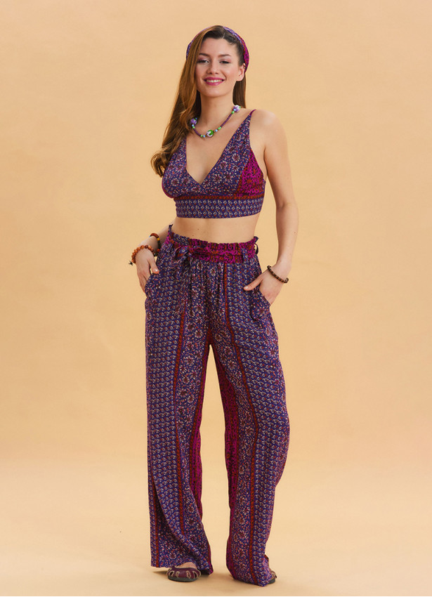Purple Summer Harem Trousers with Elastic Waist Belt Detail 4570